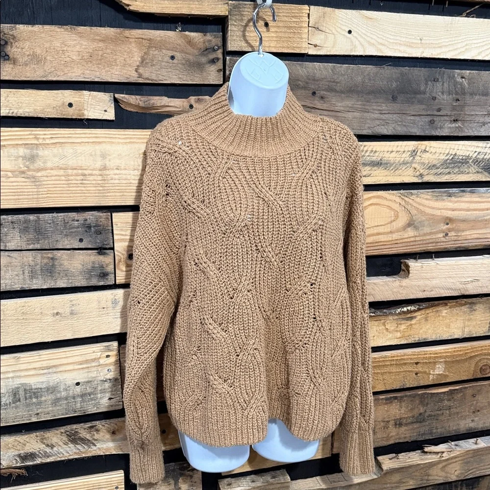 American Eagle Tan‎ Mock Neck Cable Knit Cropped Sweater Minimalist Boxy Size L